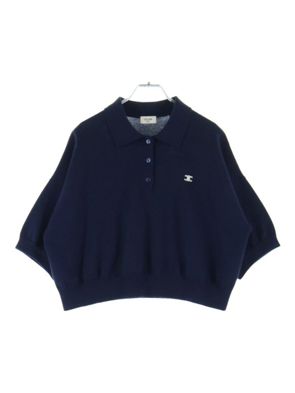 Celine Triomphe Wool Cropped Short Sleeve Knit Polo Shirt Navy